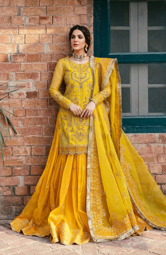 Layali by Akbar Aslam Embroidered Organza Unstitched 3 Piece Suit - Cailin - AKA25LYL - Yellow - Wedding Collection