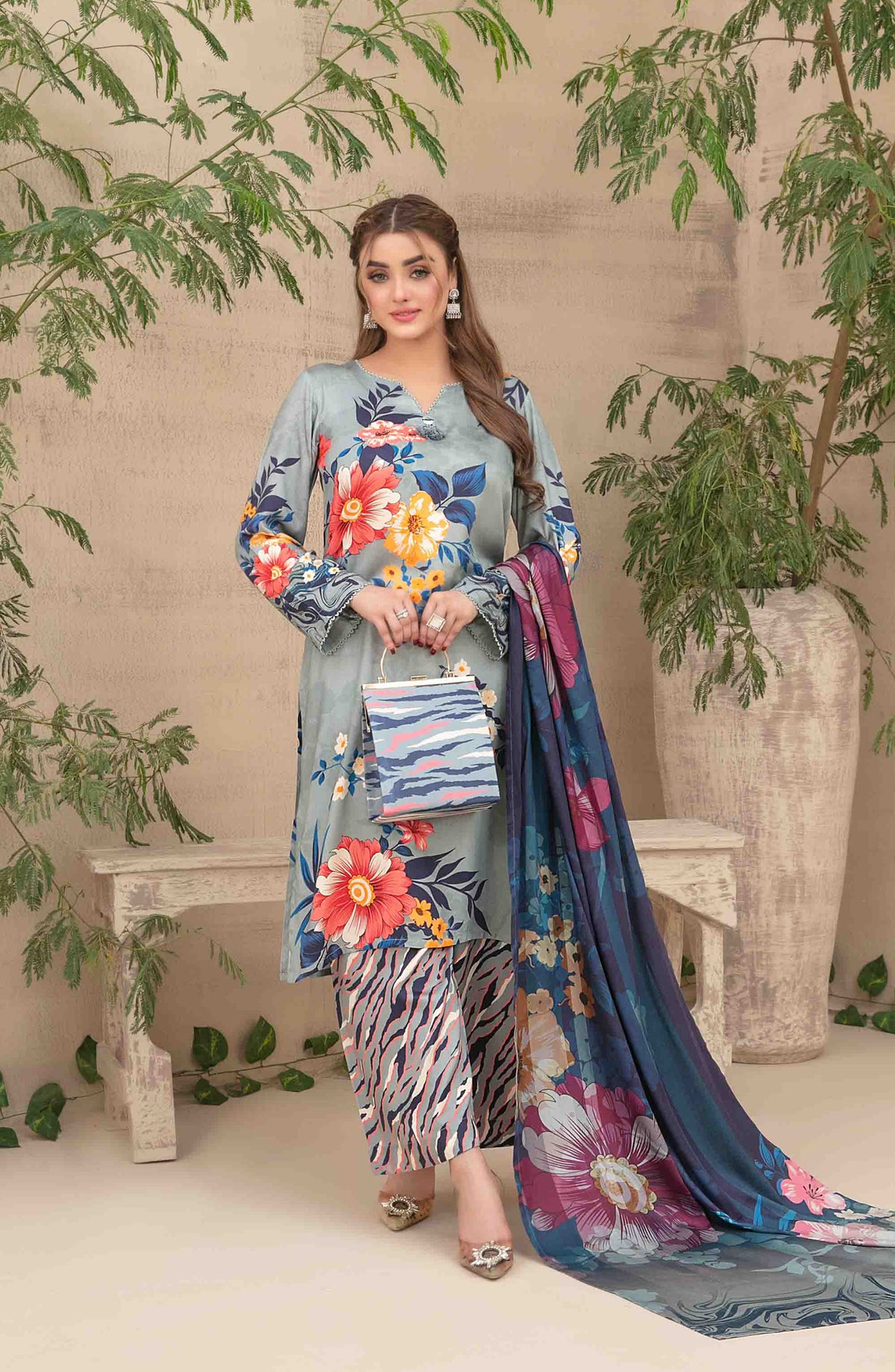Layina by Tawakkal Fabrics Digital Printed Staple Stitched 3 Piece Suit - D-5089 - TF25STP - Blue - Summer Collection