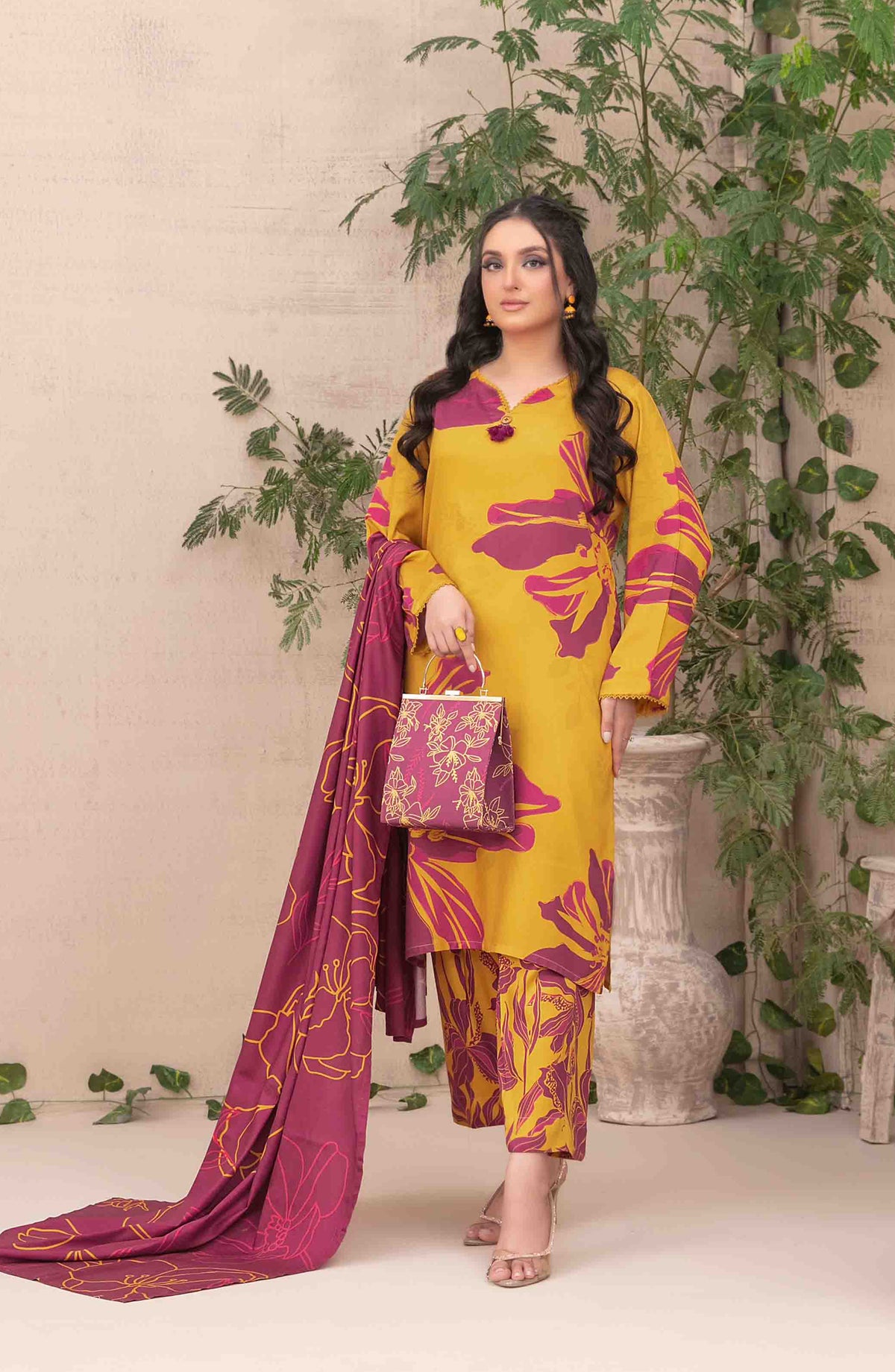 Layina by Tawakkal Fabrics Digital Printed Staple Stitched 3 Piece Suit - D-5086 - TF25STP - Yellow - Summer Collection