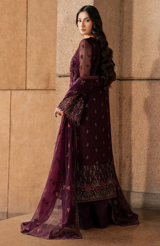 Lazawal by Lamisah Embroidered Chiffon Unstitched 3 Piece Suit - D-09 Maroon Majesty - LP26LZL - Formal Collection