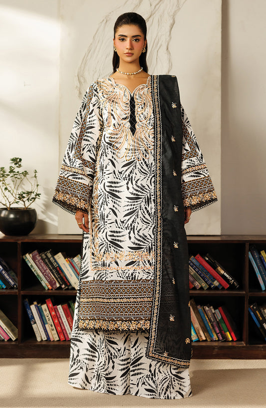 Leila by Mahnur Embroidered Lawn Unstitched 3 Piece Suit - L-13 - MH26LE - Black and White - Summer Collection