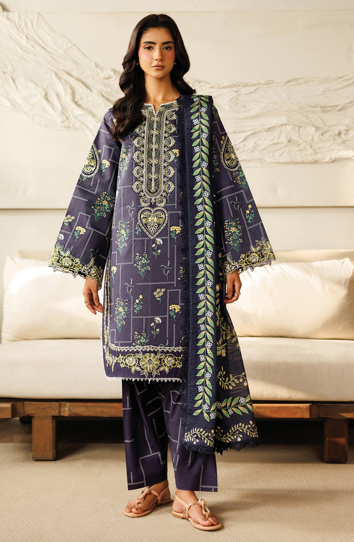 Leila by Mahnur Embroidered Lawn Unstitched 3 Piece Suit - L-01 - MH26LE - Blue - Summer Collection