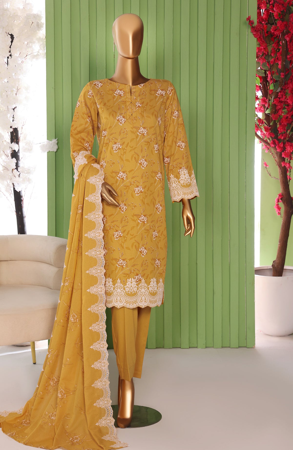 Libas-e-Khas by HZ Embroidered Cotton Karandi Unstitched 3 Piece Suit - LKE-104 - HZ25LBSK - Amber Honey - Winter Collection