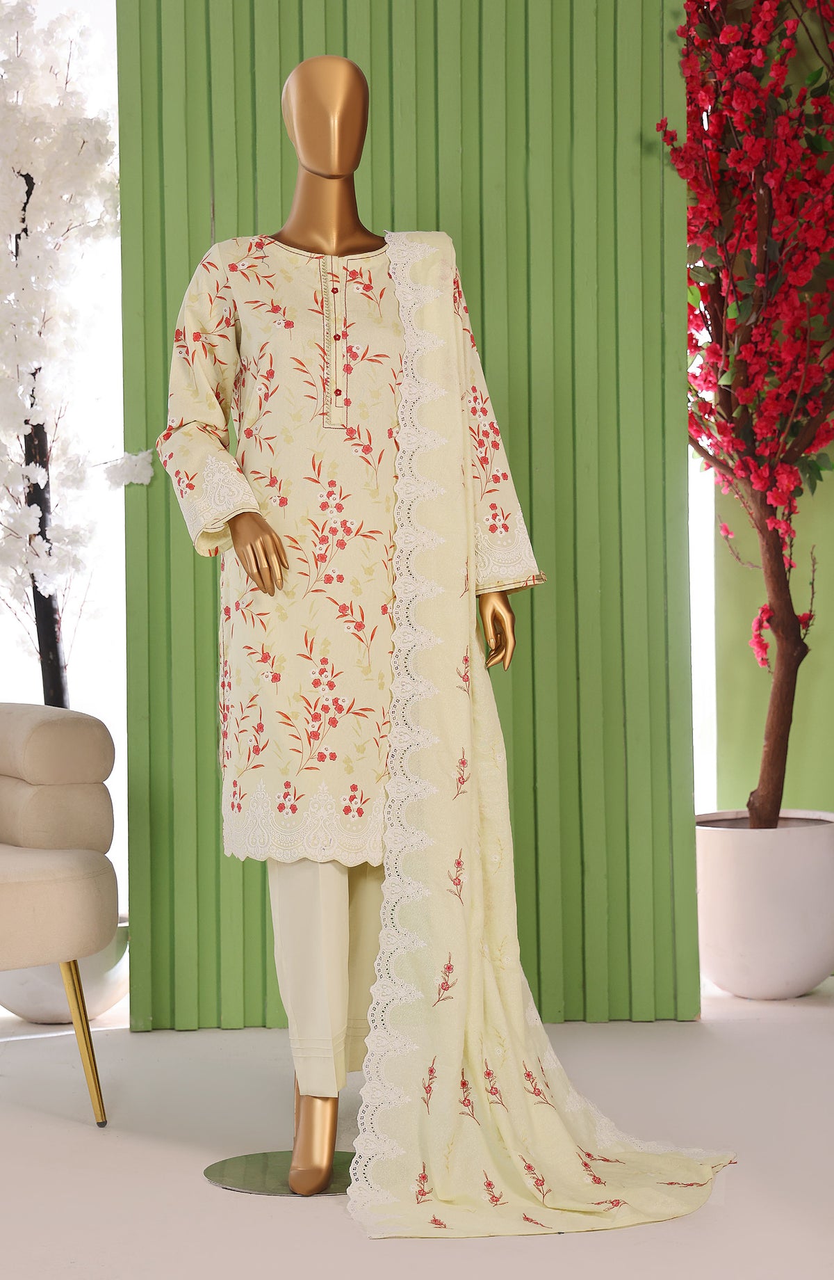 Libas-e-Khas by HZ Embroidered Cotton Karandi Unstitched 3 Piece Suit - LKE-107 - HZ25LBSK - Vanilla Bloom - Winter Collection