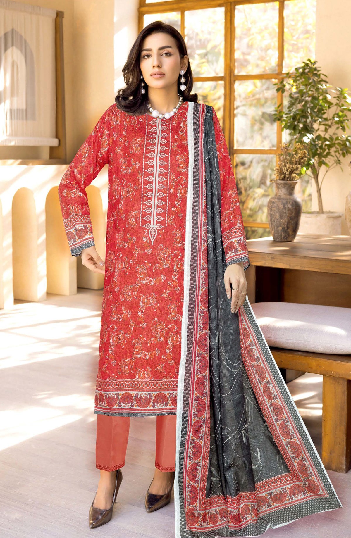 Limra by Johra Printed Lawn Unstitched 3 Piece Suit - JW-1419 - JH25LIMR - Red - Casual Collection