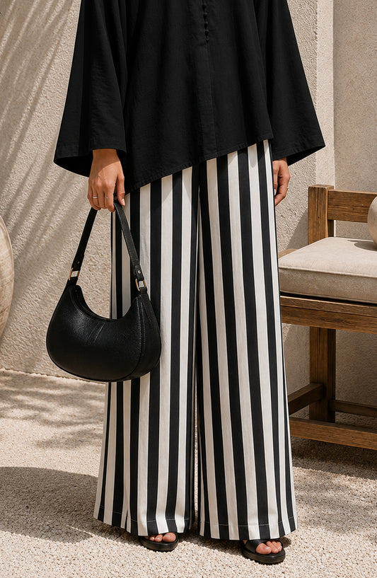 Lines & Flows by Amna Khadija Printed Cotton Lawn Stitched Flowy Pants - AKLF-02 - AM26LLWS - Black & White - Summer Collection