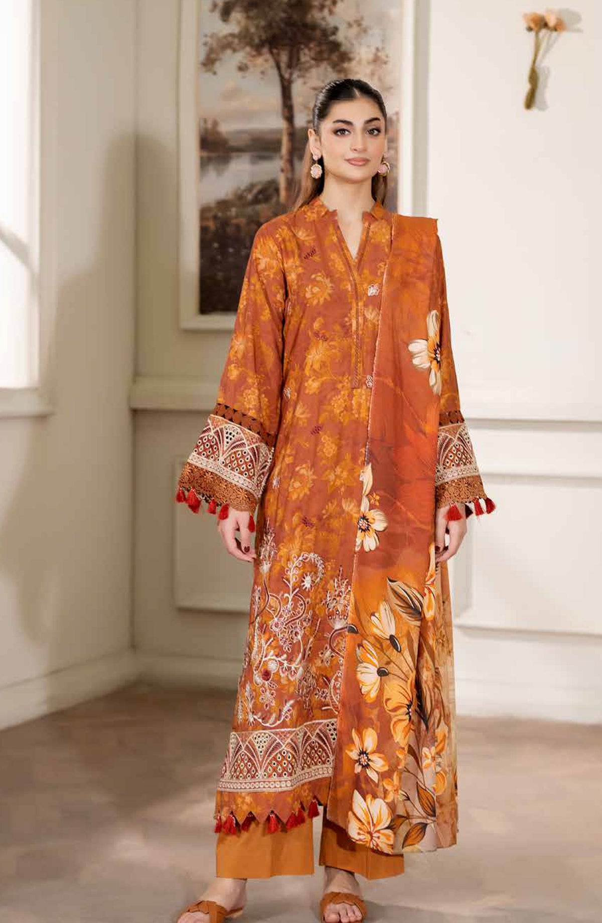 Lisha by Johra Printed & Embroidered Staple Slub Unstitched 3 Piece Suit - JW-2420 - JH25LISHA - Rust - Winter Collection