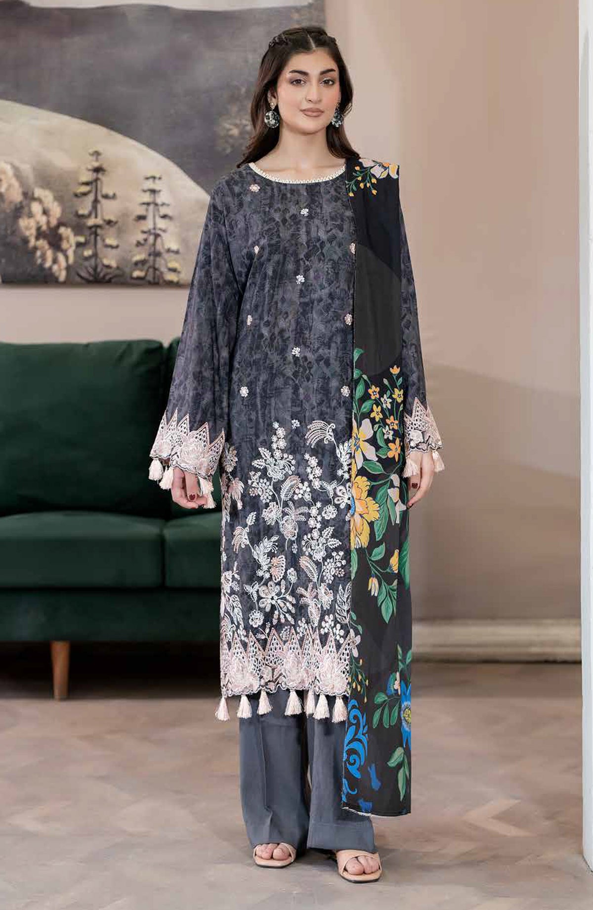 Lisha by Johra Printed & Embroidered Staple Slub Unstitched 3 Piece Suit - JW-2416 - JH25LISHA - Black - Winter Collection