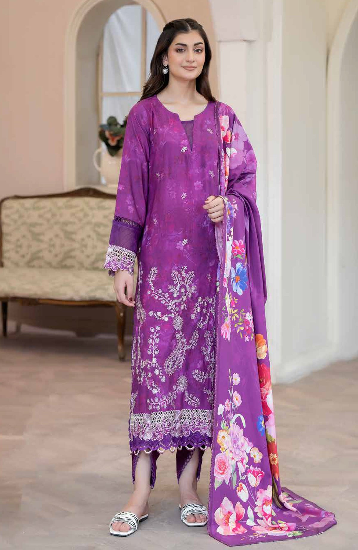 Lisha by Johra Printed & Embroidered Staple Slub Unstitched 3 Piece Suit - JW-2414 - JH25LISHA - Purple - Winter Collection