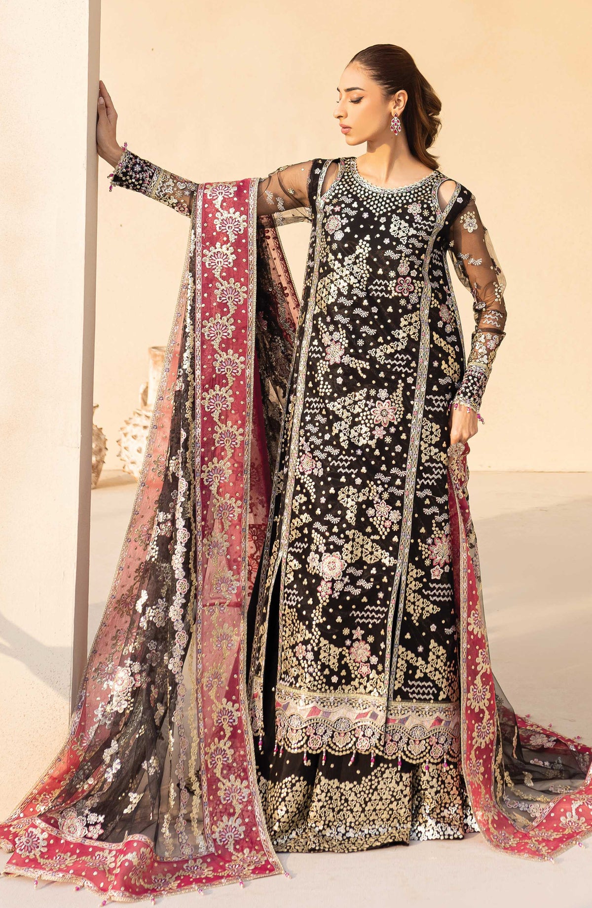 Lu Zella by Farasha Premium Embroidered Net Unstitched 3 Piece Suit - 10-StarDust Noir - FSH25LZ - Black - Formals Collection