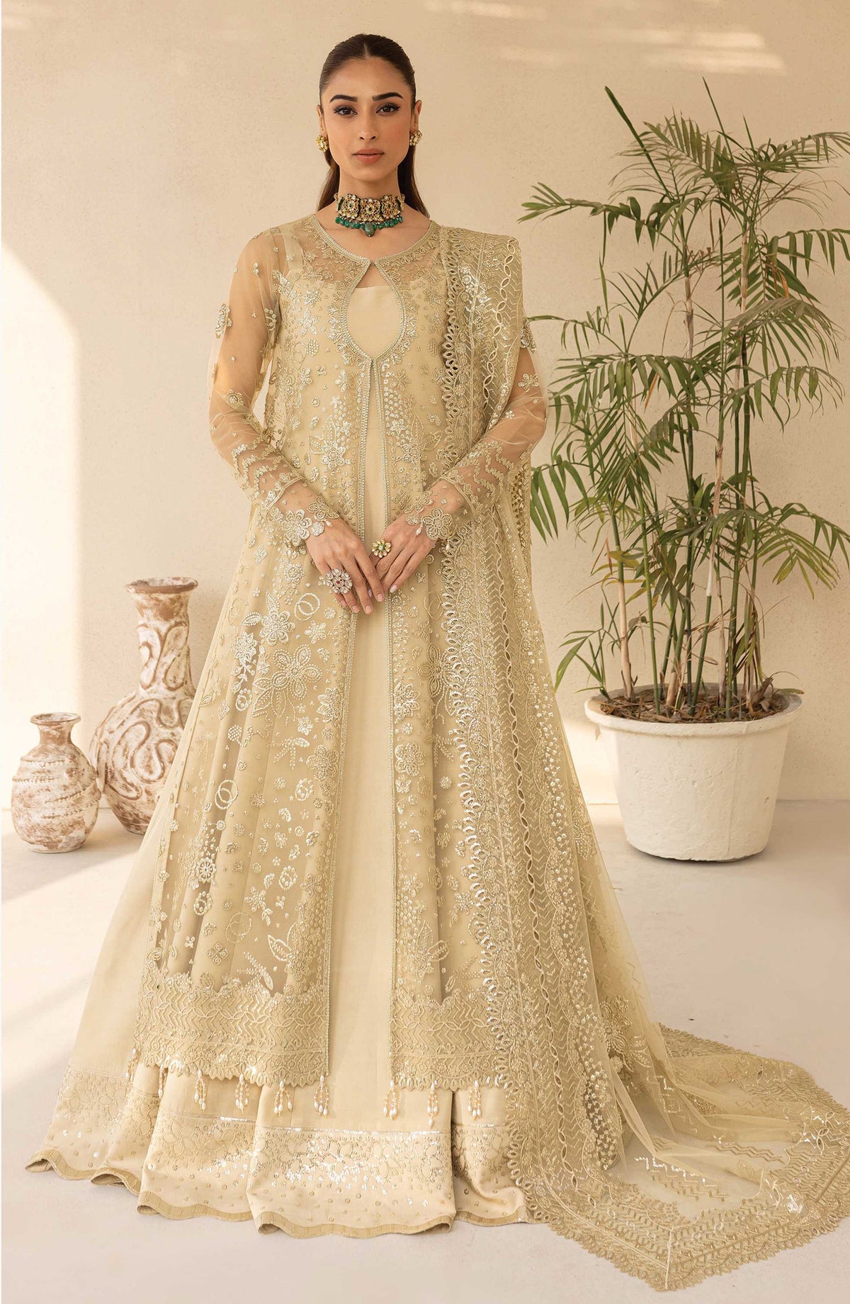 Lu Zella by Farasha Premium Embroidered Net Unstitched 3 Piece Suit - 09-Golden Aura - FSH25LZ - Gold - Formals Collection