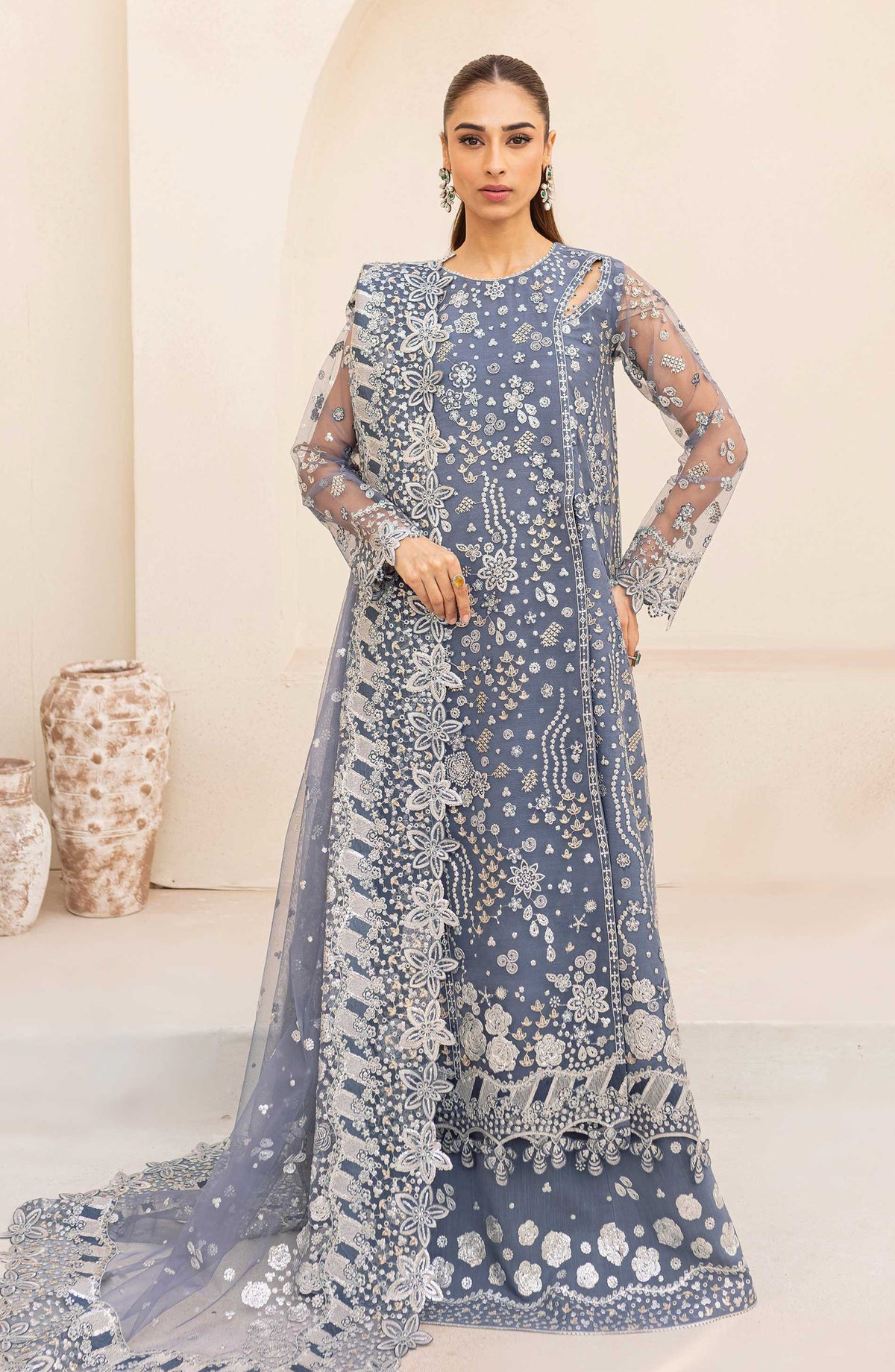 Lu Zella by Farasha Premium Embroidered Net Unstitched 3 Piece Suit - 08-Dusky Shadow - FSH25LZ - Blue - Formals Collection