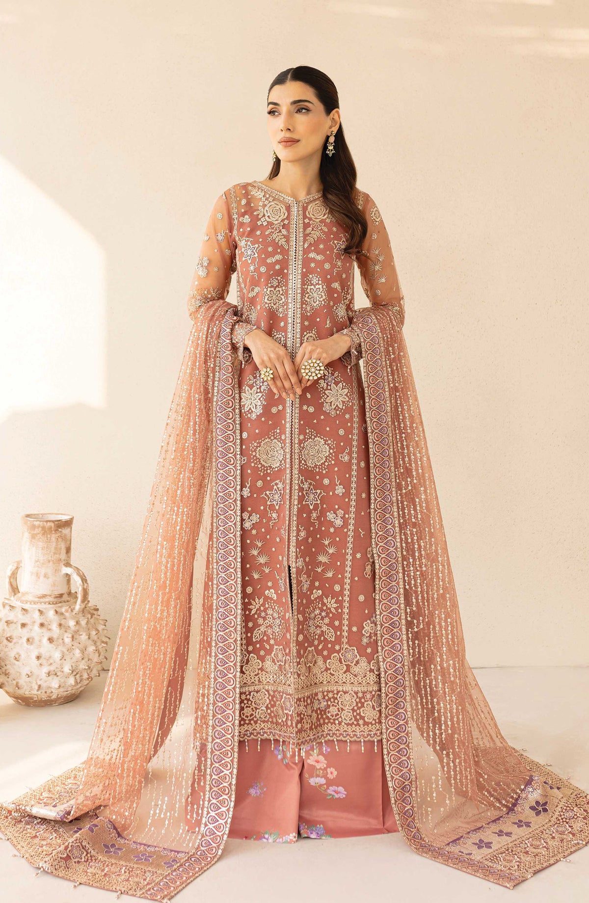Lu Zella by Farasha Premium Embroidered Net Unstitched 3 Piece Suit - 07-Vintage Rose - FSH25LZ - Peach - Formals Collection