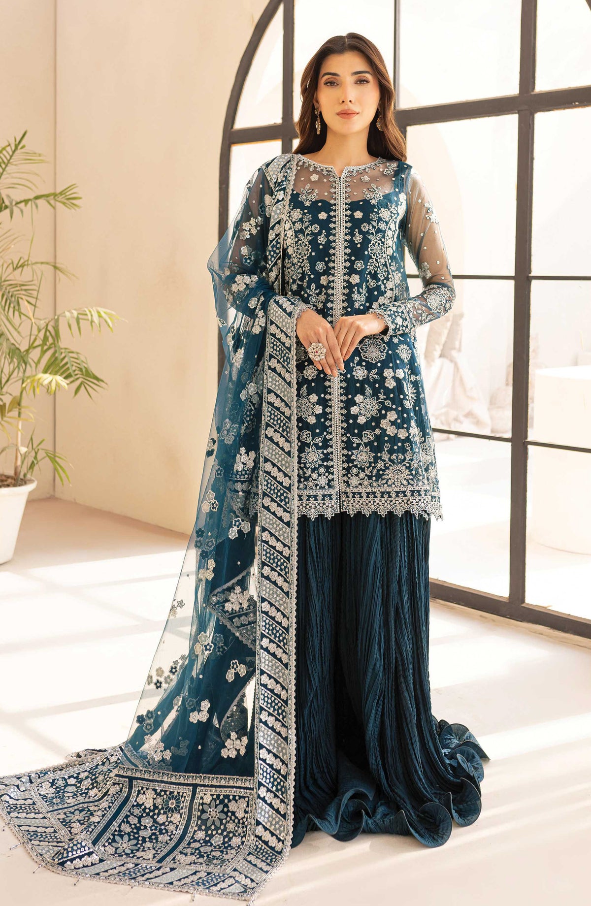 Lu Zella by Farasha Premium Embroidered Net Unstitched 3 Piece Suit - 04-Teal Drizzle - FSH25LZ - Teal - Formals Collection