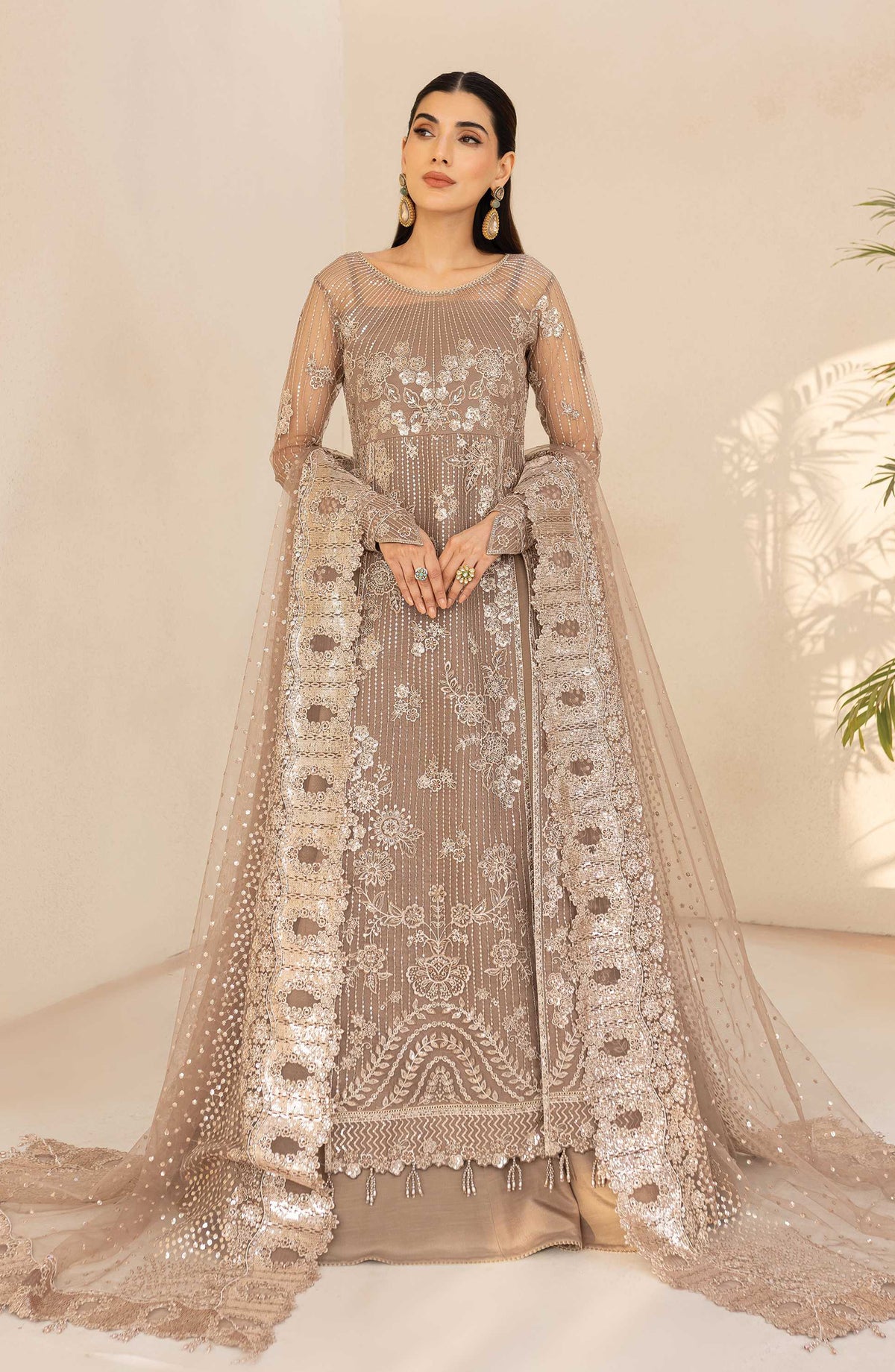 Lu Zella by Farasha Premium Embroidered Net Unstitched 3 Piece Suit - 03-Misty Grace - FSH25LZ - Beige - Formals Collection