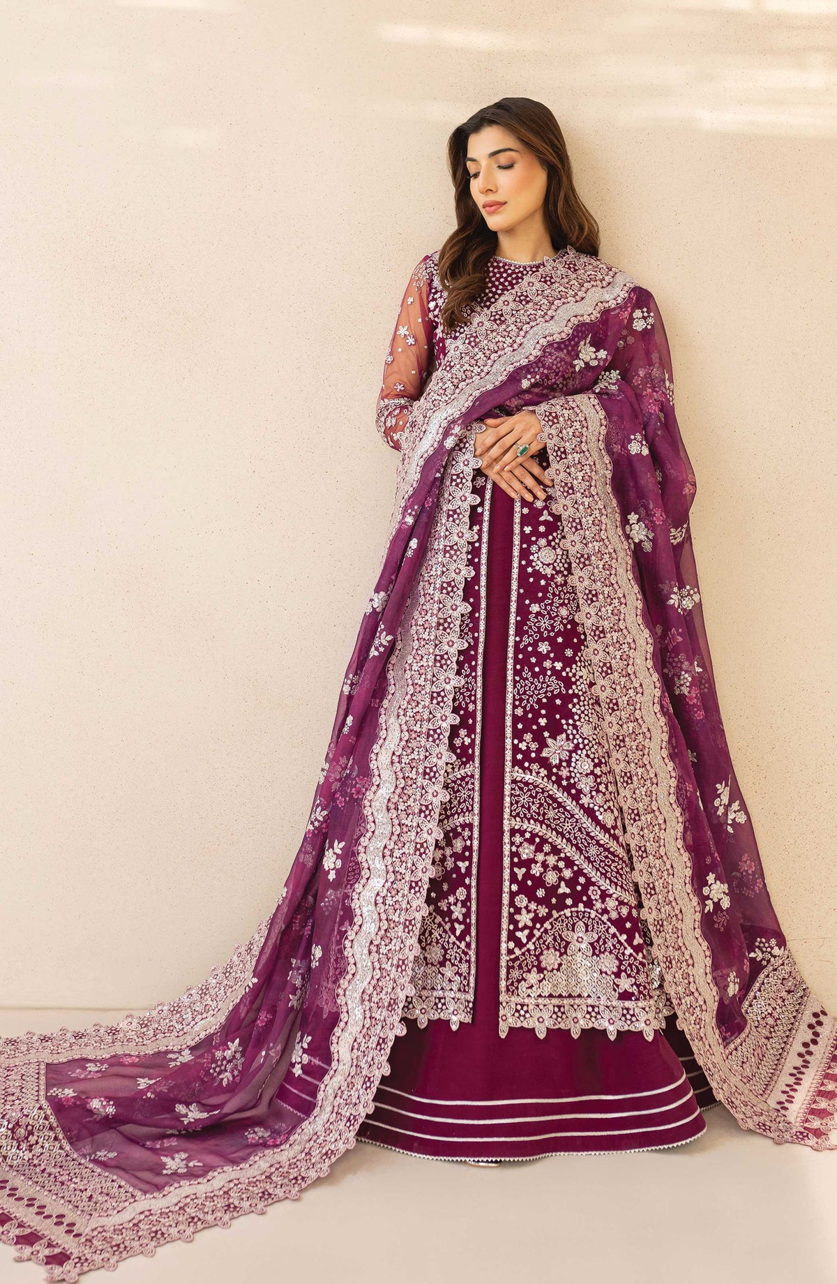 Lu Zella by Farasha Premium Embroidered Net Unstitched 3 Piece Suit - 02-Merlot Dust - FSH25LZ - Purple - Formals Collection