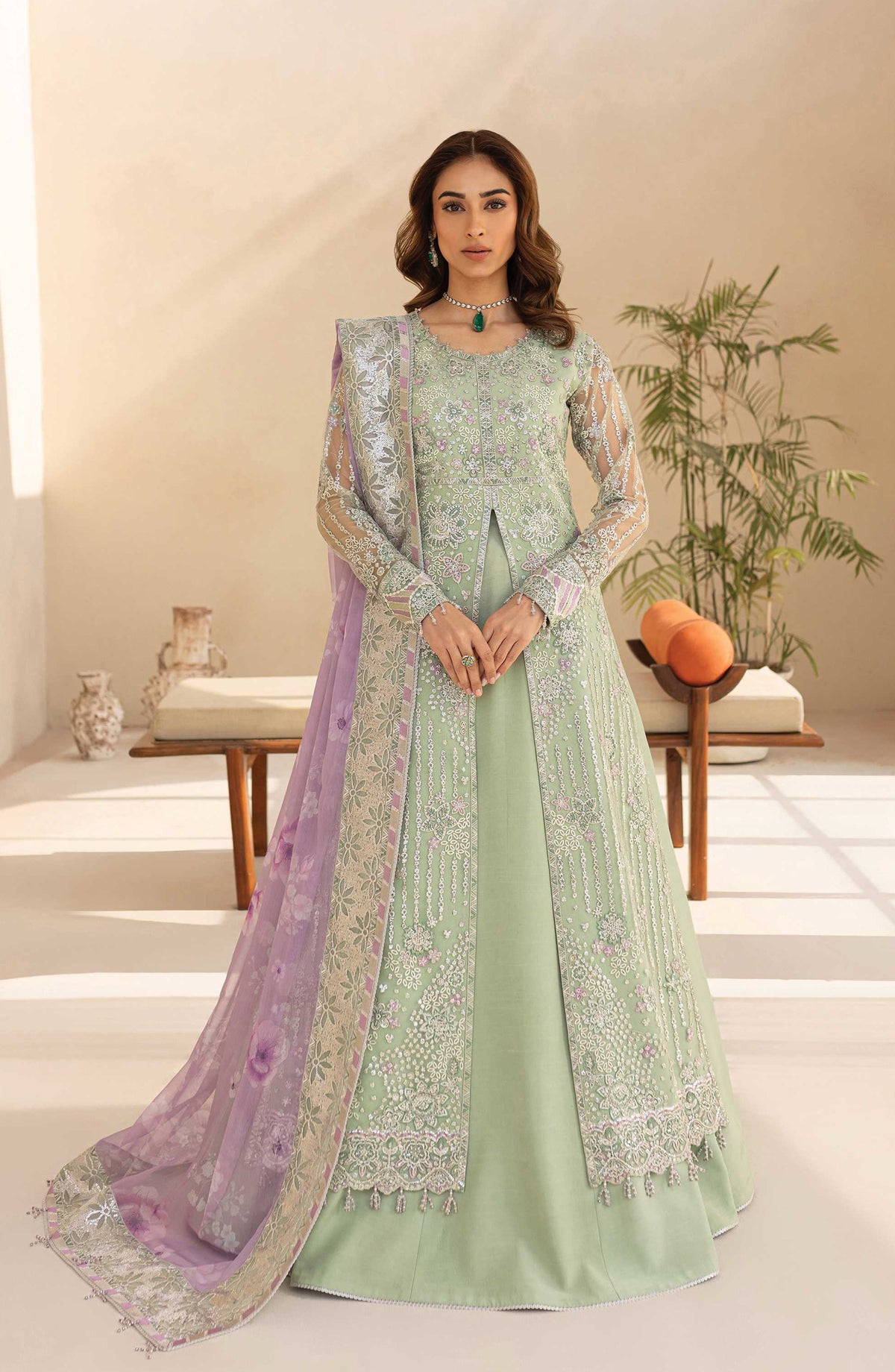 Lu Zella by Farasha Premium Embroidered Net Unstitched 3 Piece Suit - 01-Sage Luxe - FSH25LZ - Pista Green - Formals Collection