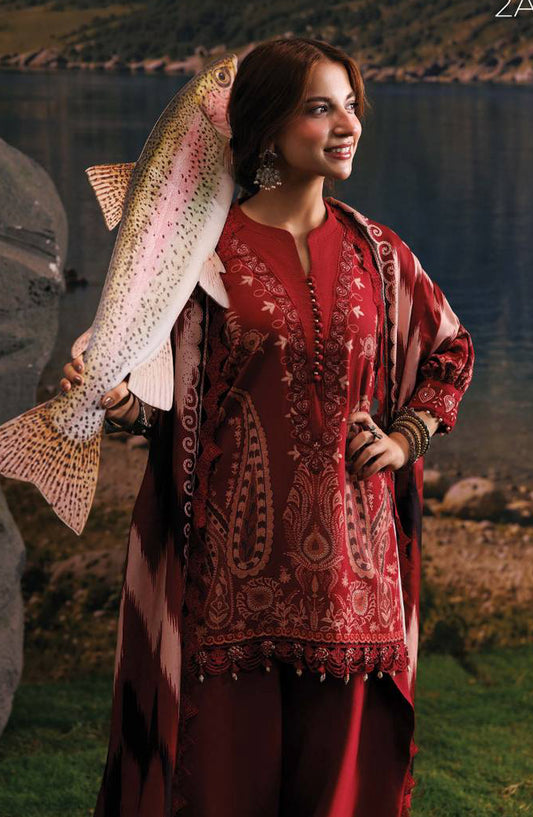 M. Basics Embroidered Slub Khaddar Unstitched 3 Piece Suit - D02A - MB26AST - Red - Winter Collection