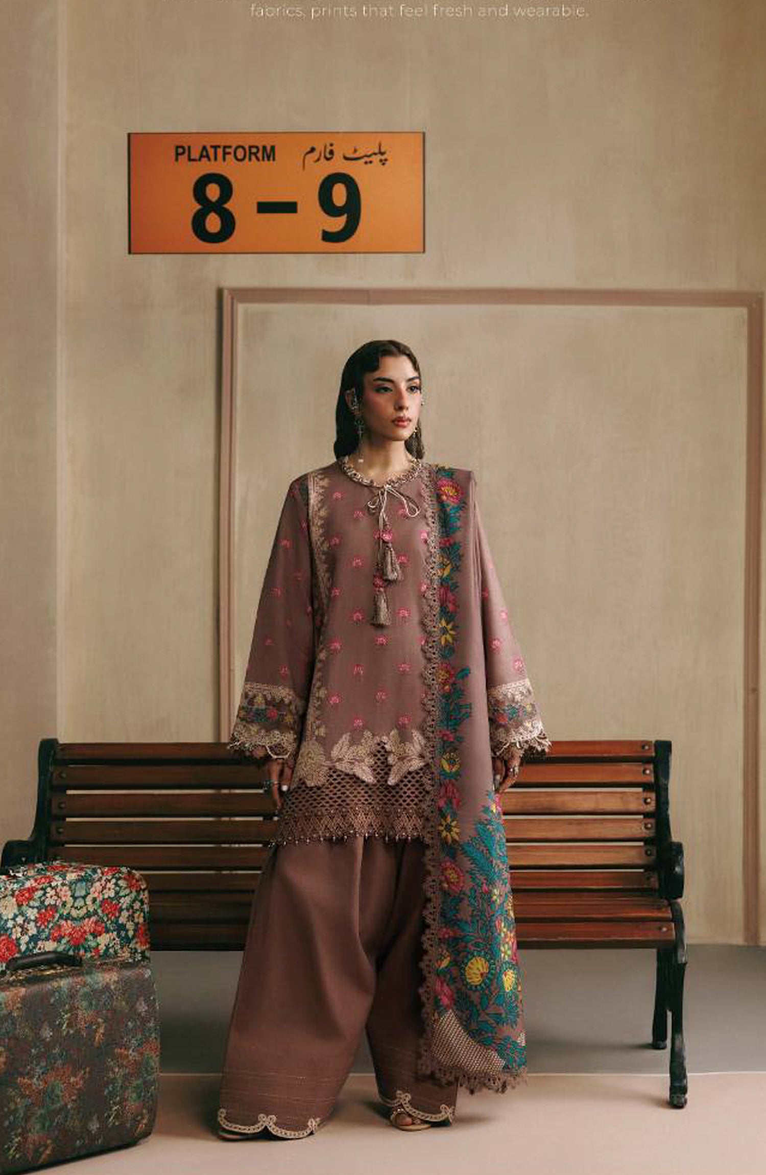M. Basics Embroidered Slub Khaddar Unstitched 3 Piece Suit - D03A - MB26AST - Mauve - Winter Collection