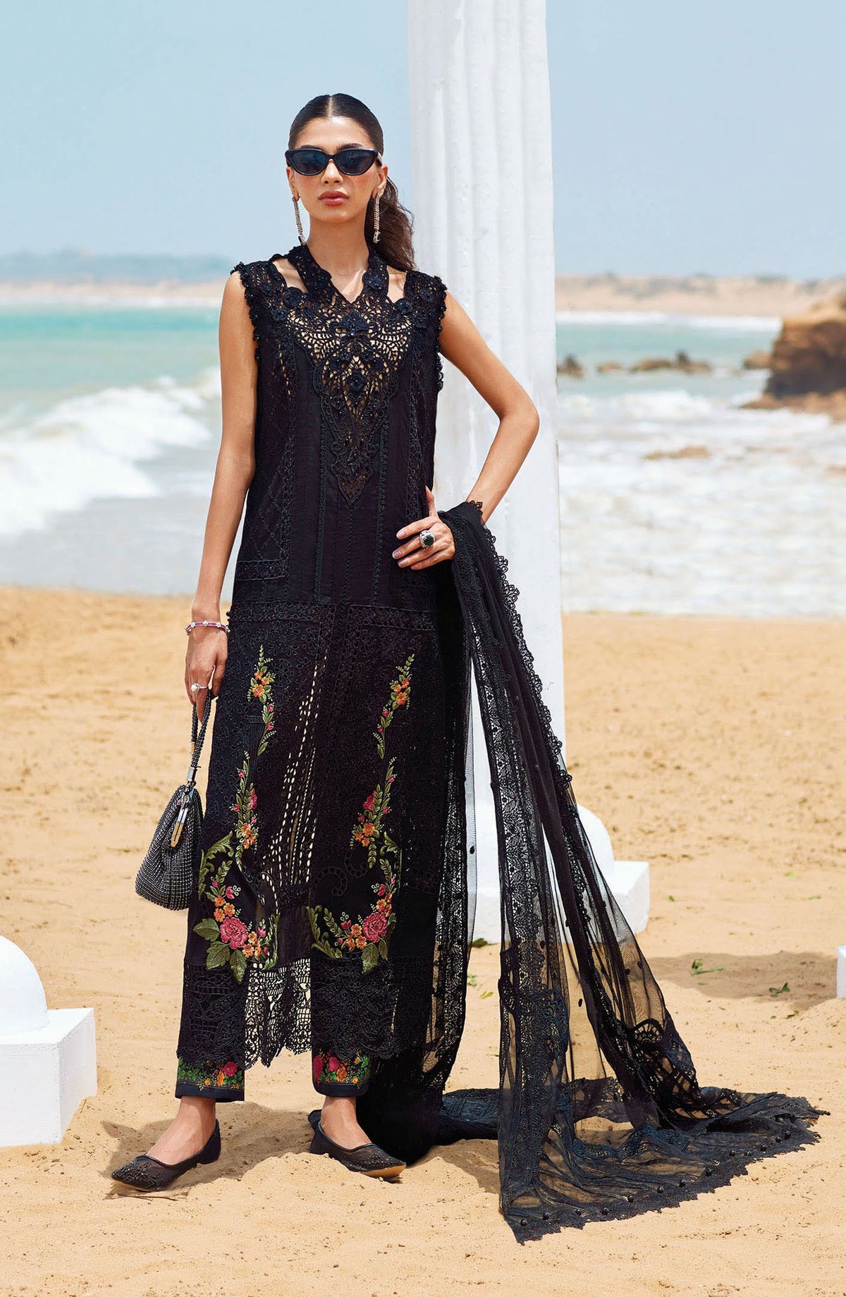 Maria B Embroidered Luxury Lawn Unstitched 3 Piece Suit - MB25LL - D-01 - Black - Summer Collection