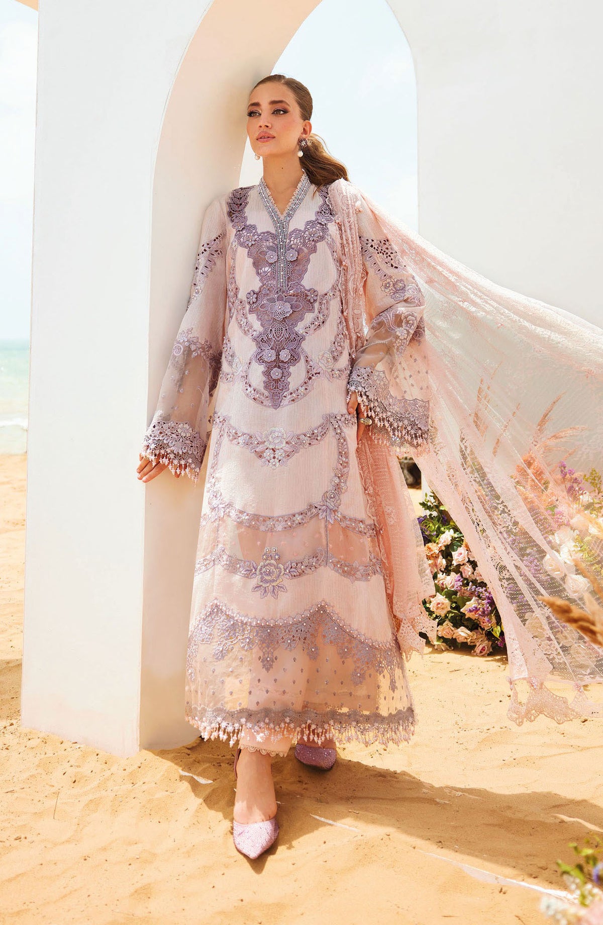 Maria B Embroidered Luxury Lawn Unstitched 3 Piece Suit - MB25LL - D-02 - Pink - Summer Collection