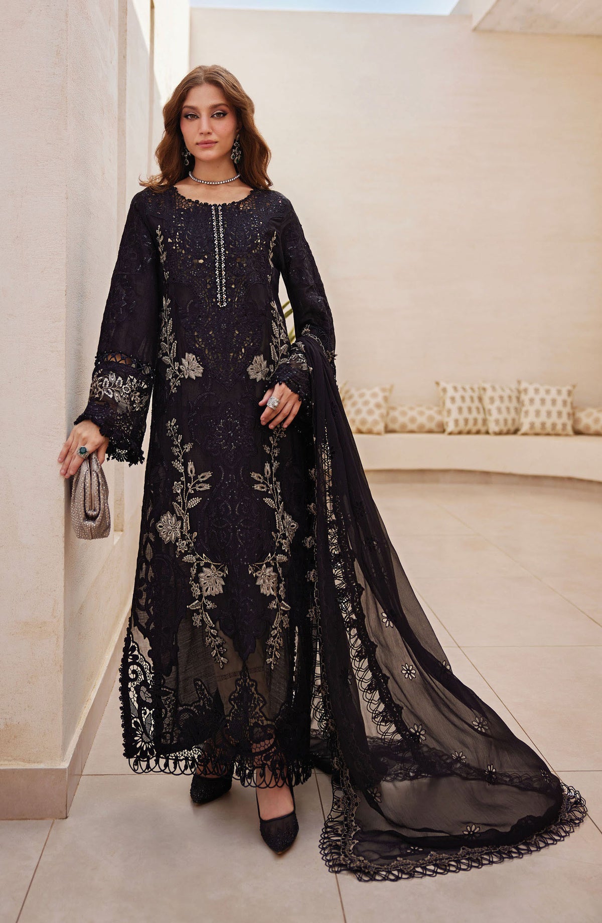 Maria B Embroidered Luxury Lawn Unstitched 3 Piece Suit - MB25LL - D-03 - Black - Summer Collection