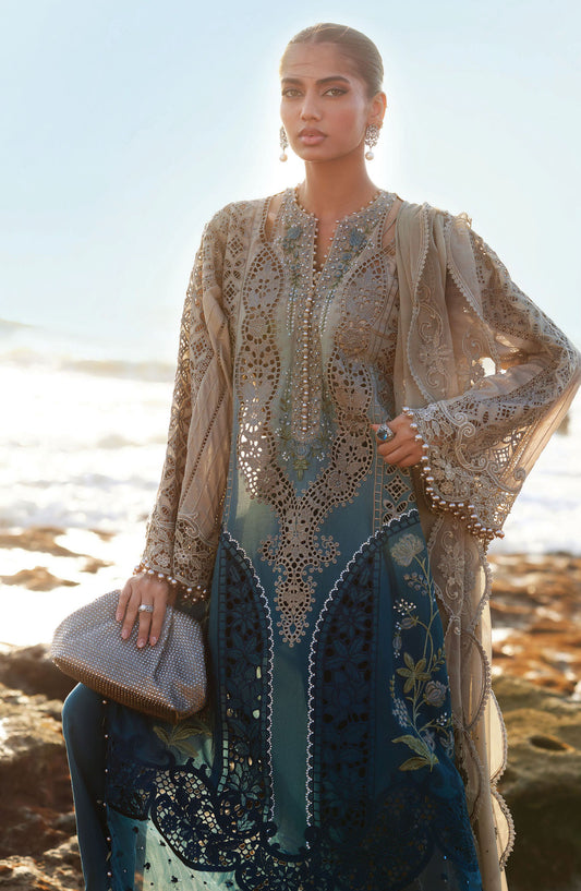 Maria B Embroidered Luxury Lawn Unstitched 3 Piece Suit - MB25LL - D-08 - Blue - Summer Collection