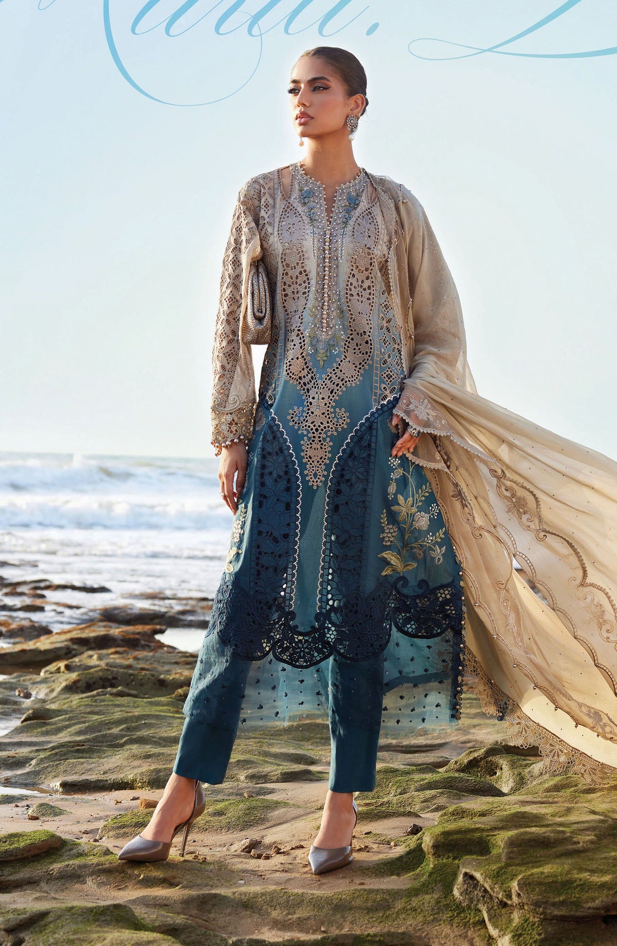 Maria B Embroidered Luxury Lawn Unstitched 3 Piece Suit - MB25LL - D-08 - Blue - Summer Collection