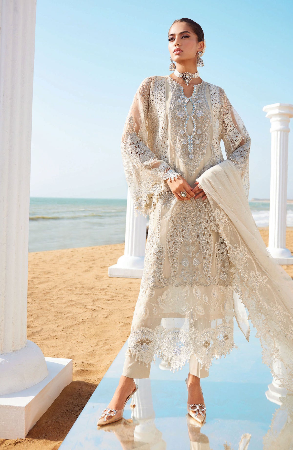 Maria B Embroidered Luxury Lawn Unstitched 3 Piece Suit - MB25LL - D-09 - White - Summer Collection