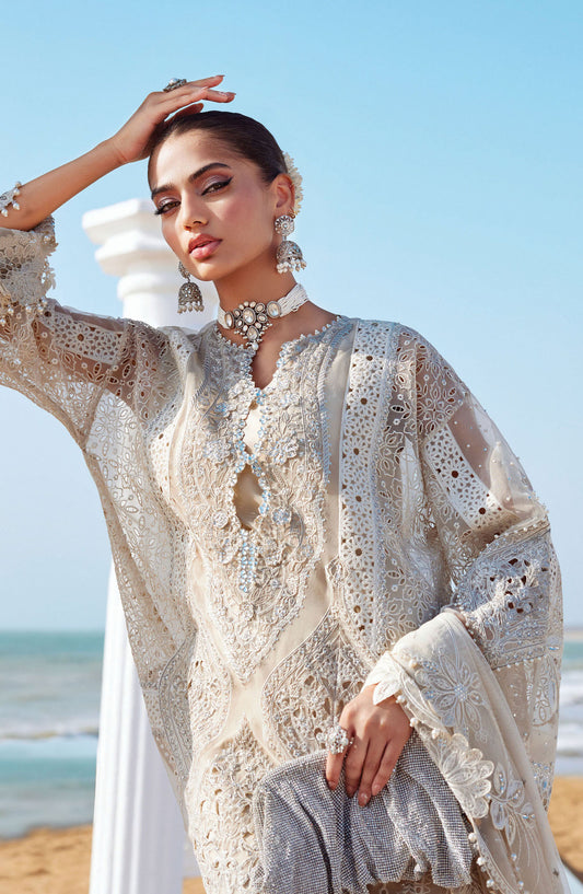Maria B Embroidered Luxury Lawn Unstitched 3 Piece Suit - MB25LL - D-09 - White - Summer Collection