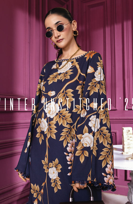 M Basics Digital Printed Linen Unstitched 3 Piece Suit - 2A - MB25BSW - Blue - Winter Collection