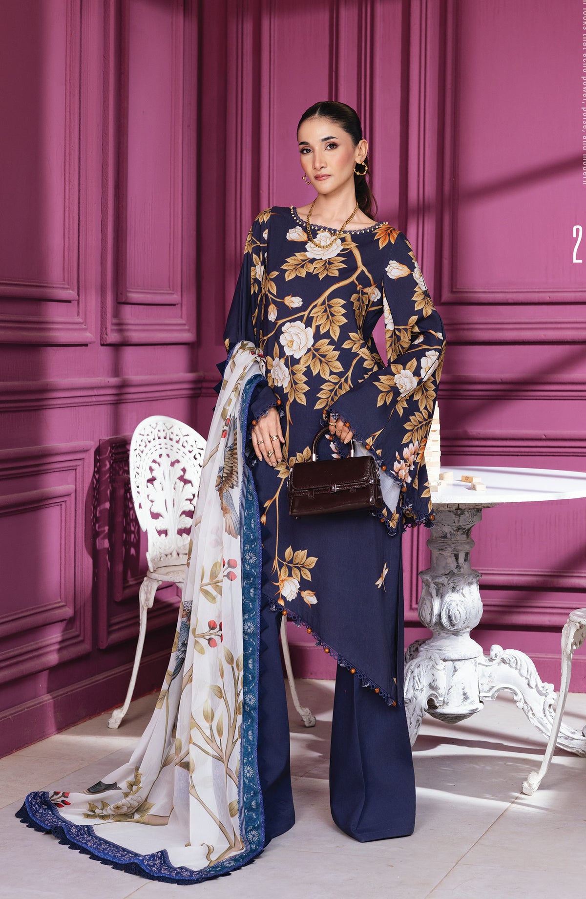 M Basics Digital Printed Linen Unstitched 3 Piece Suit - 2A - MB25BSW - Blue - Winter Collection