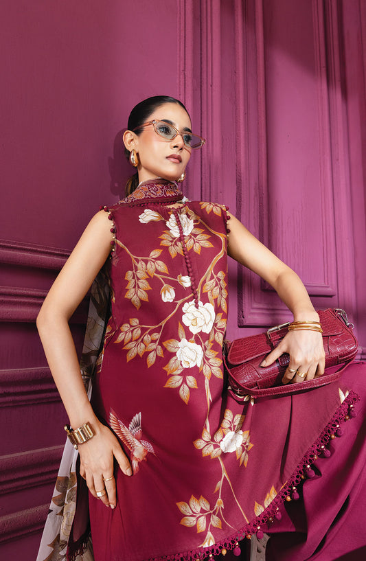 M Basics Digital Printed Linen Unstitched 3 Piece Suit - 2B - MB25BSW - Red - Winter Collection