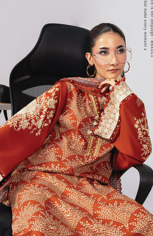 M Basics Digital Printed Linen Unstitched 3 Piece Suit - 8B - MB25BSW - Orange - Winter Collection