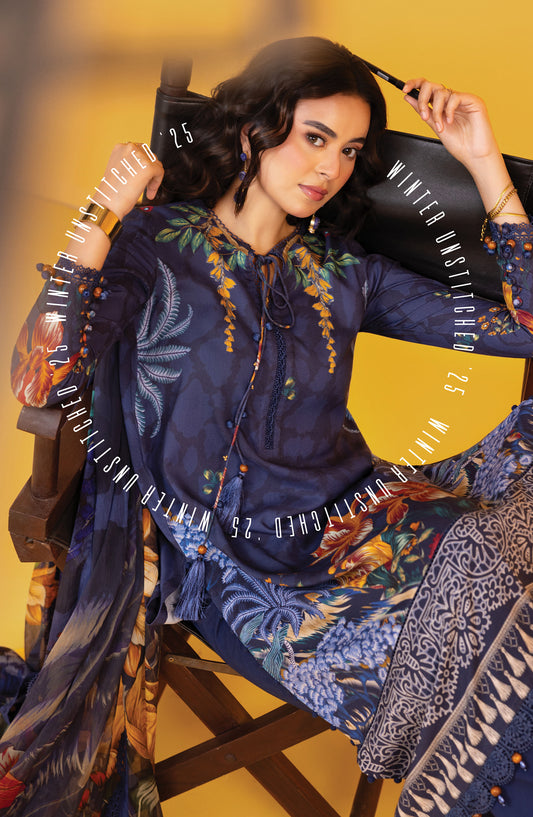 M Basics Digital Printed Linen Unstitched 3 Piece Suit - 9B - MB25BSW - Blue - Winter Collection