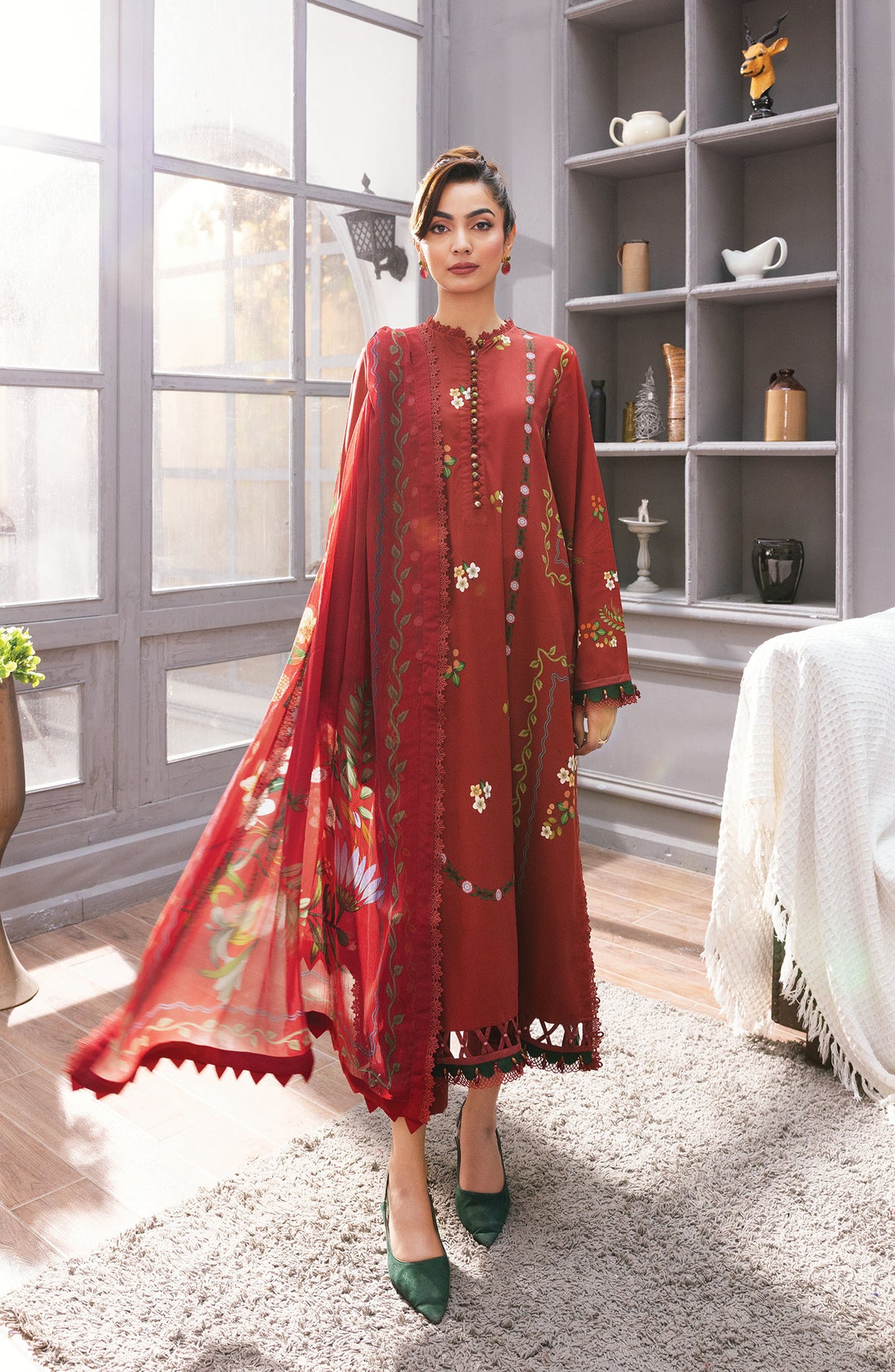 M Basics Digital Printed Marina Twill Unstitched 3 Piece Suit - 5A - MB25BSW - Red - Winter Collection