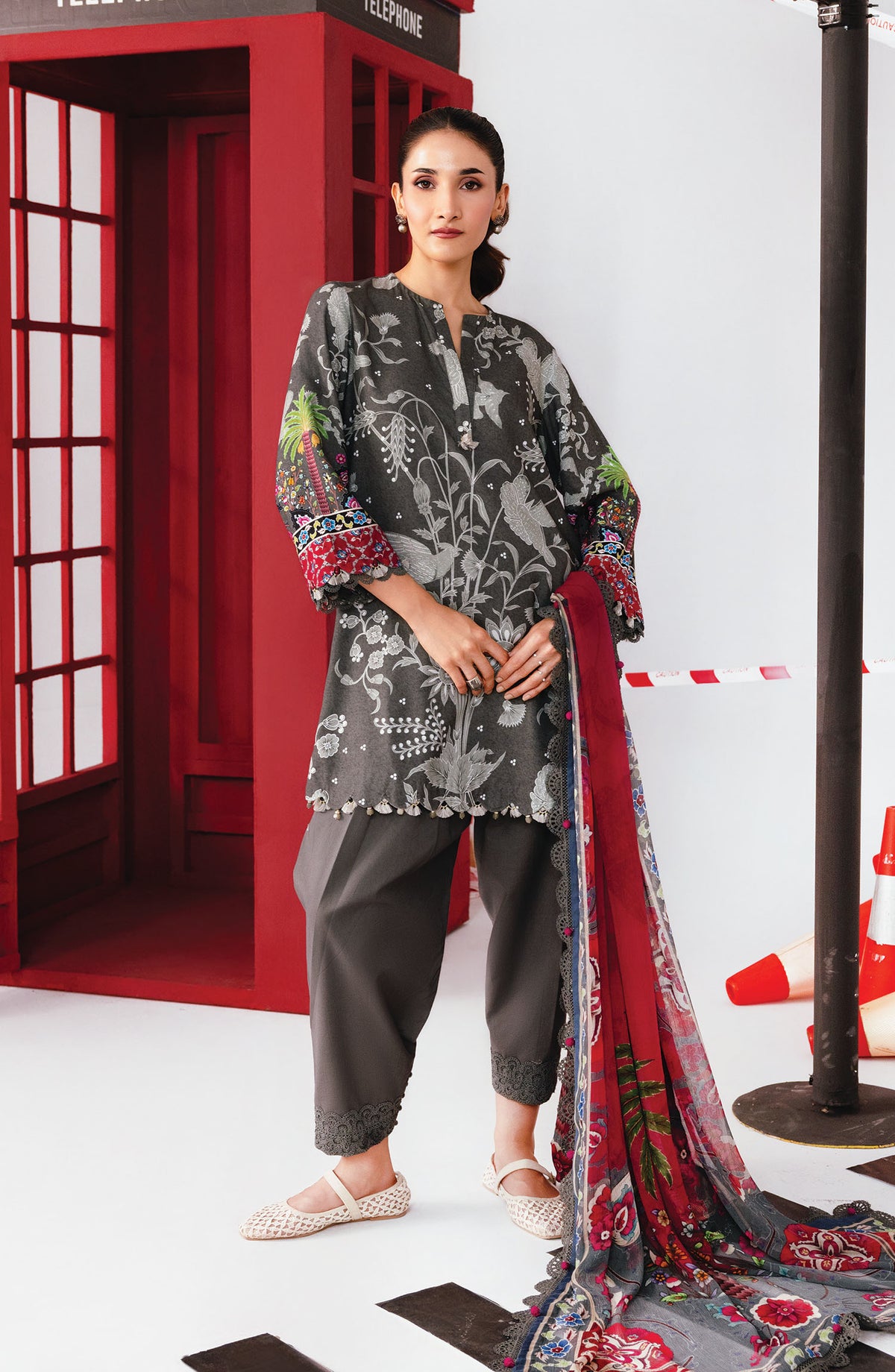 M Basics Digital Printed Marina Twill Unstitched 3 Piece Suit - 6A - MB25BSW - Grey - Winter Collection