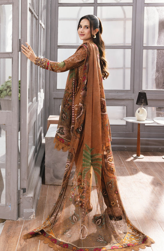 M Basics Digital Printed Marina Twill Unstitched 3 Piece Suit - 6B - MB25BSW - Rust - Winter Collection