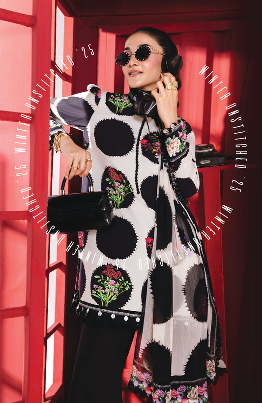 M Basics Digital Printed Marina Twill Unstitched 3 Piece Suit - 7B - MB25BSW - Black - Winter Collection