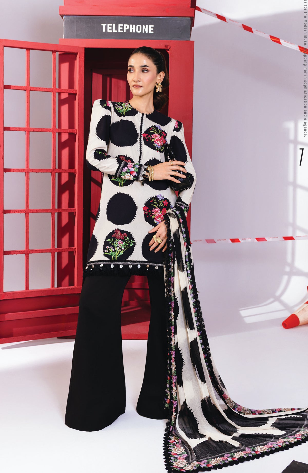 M Basics Digital Printed Marina Twill Unstitched 3 Piece Suit - 7B - MB25BSW - Black - Winter Collection