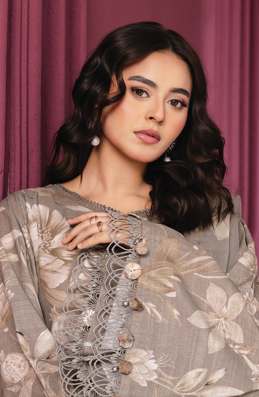 M Basics Digital Printed Slub Khaddar Unstitched 3 Piece Suit - 1A - MB25BSW - Grey - Winter Collection