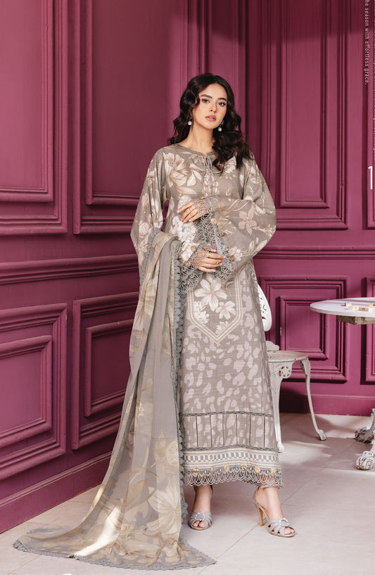 M Basics Digital Printed Slub Khaddar Unstitched 3 Piece Suit - 1A - MB25BSW - Grey - Winter Collection