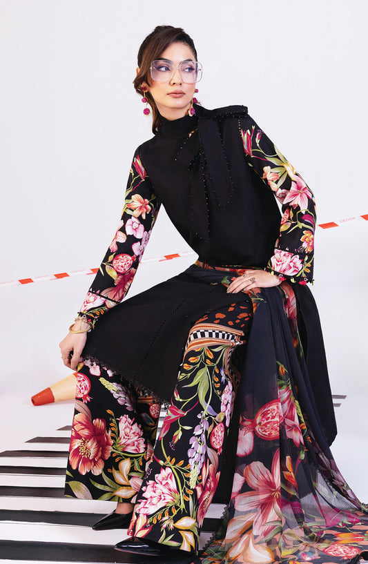 M Basics Digital Printed Slub Khaddar Unstitched 3 Piece Suit - 1B - MB25BSW - Black - Winter Collection