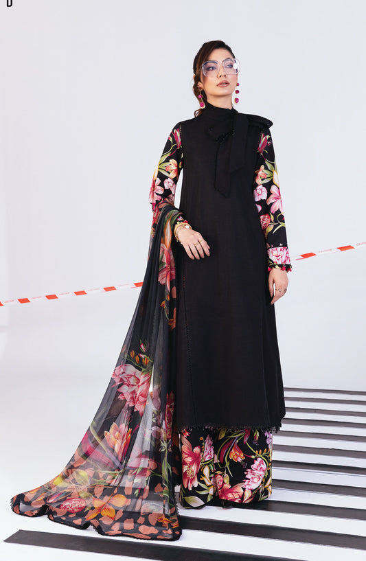 M Basics Digital Printed Slub Khaddar Unstitched 3 Piece Suit - 1B - MB25BSW - Black - Winter Collection