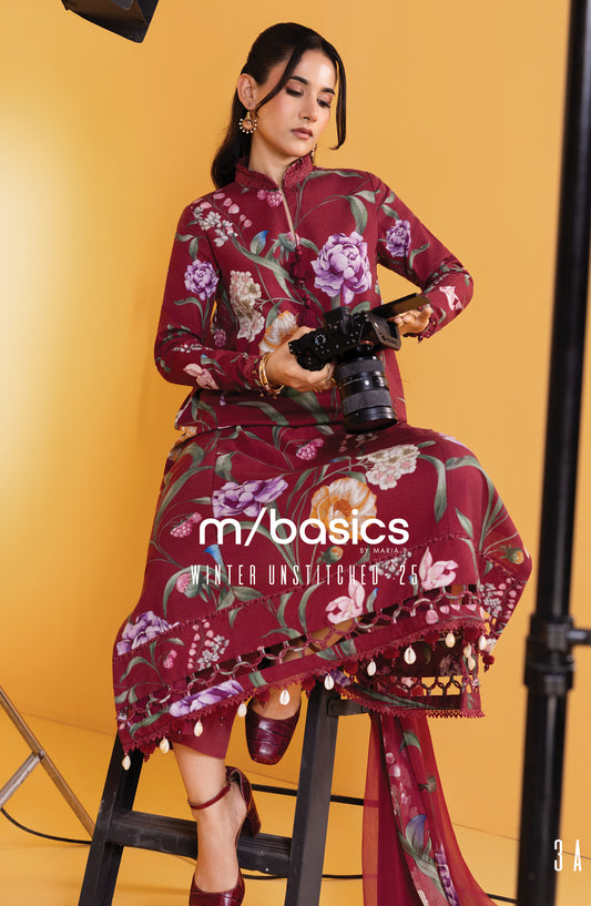 M Basics Digital Printed Slub Khaddar Unstitched 3 Piece Suit - 3A - MB25BSW - Red - Winter Collection