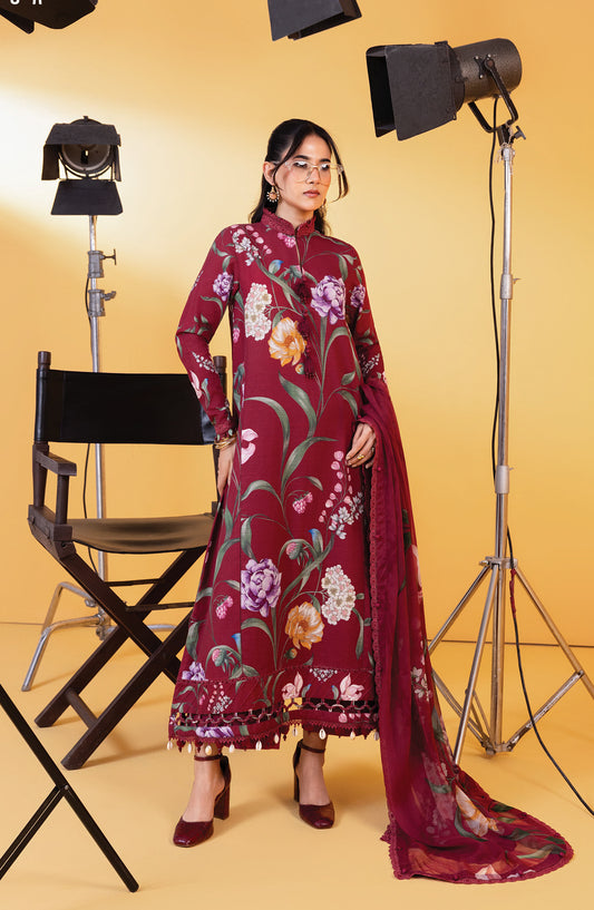 M Basics Digital Printed Slub Khaddar Unstitched 3 Piece Suit - 3A - MB25BSW - Red - Winter Collection