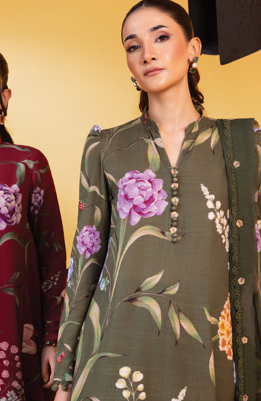 M Basics Digital Printed Slub Khaddar Unstitched 3 Piece Suit - 3B - MB25BSW - Green - Winter Collection
