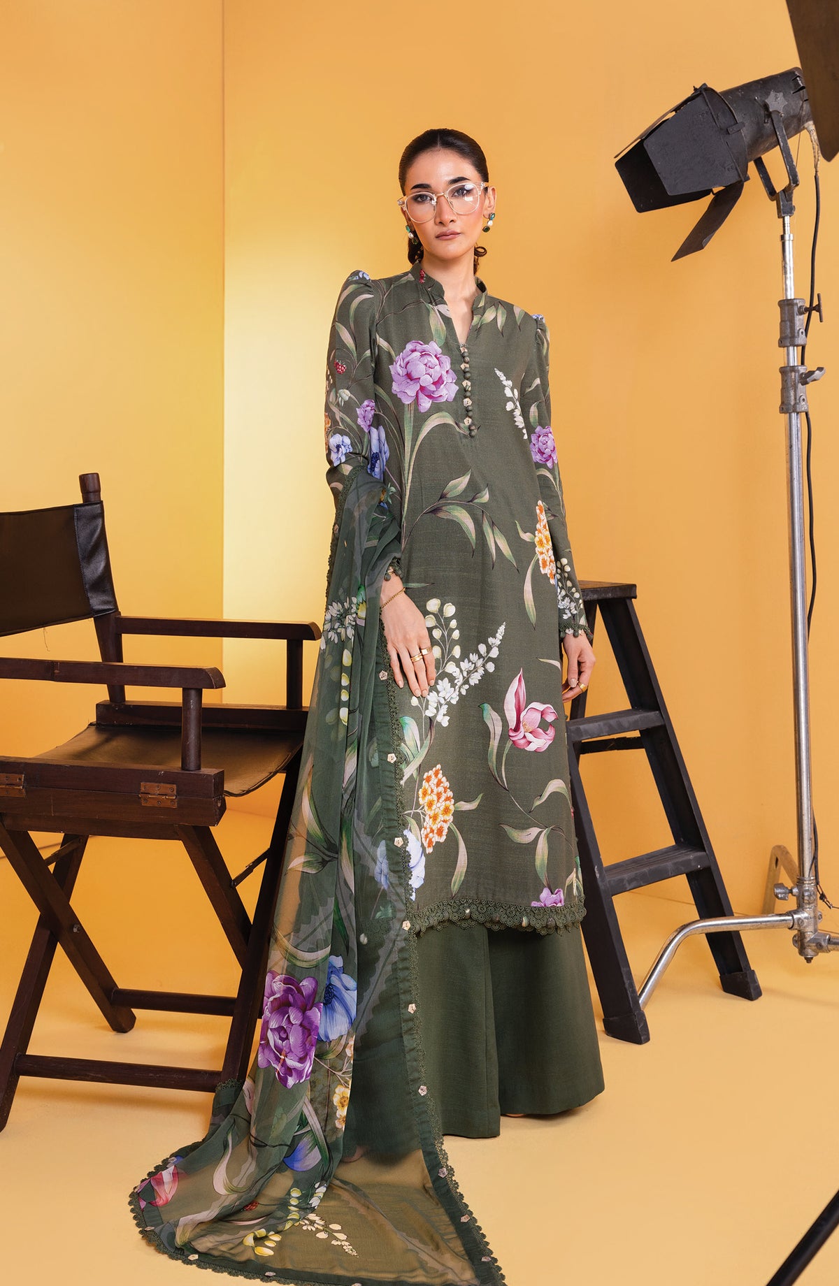 M Basics Digital Printed Slub Khaddar Unstitched 3 Piece Suit - 3B - MB25BSW - Green - Winter Collection