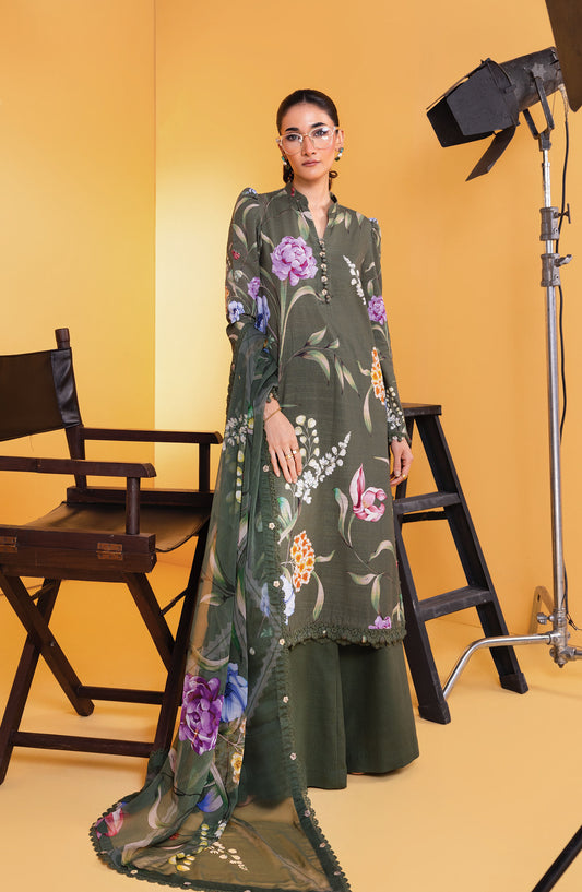 M Basics Digital Printed Slub Khaddar Unstitched 3 Piece Suit - 3B - MB25BSW - Green - Winter Collection