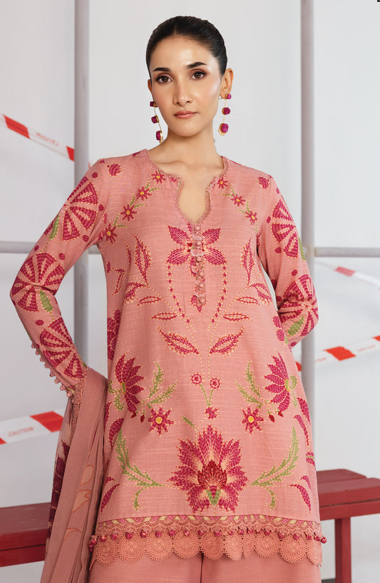 M Basics Digital Printed Slub Khaddar Unstitched 3 Piece Suit - 4A - MB25BSW - Pink - Winter Collection